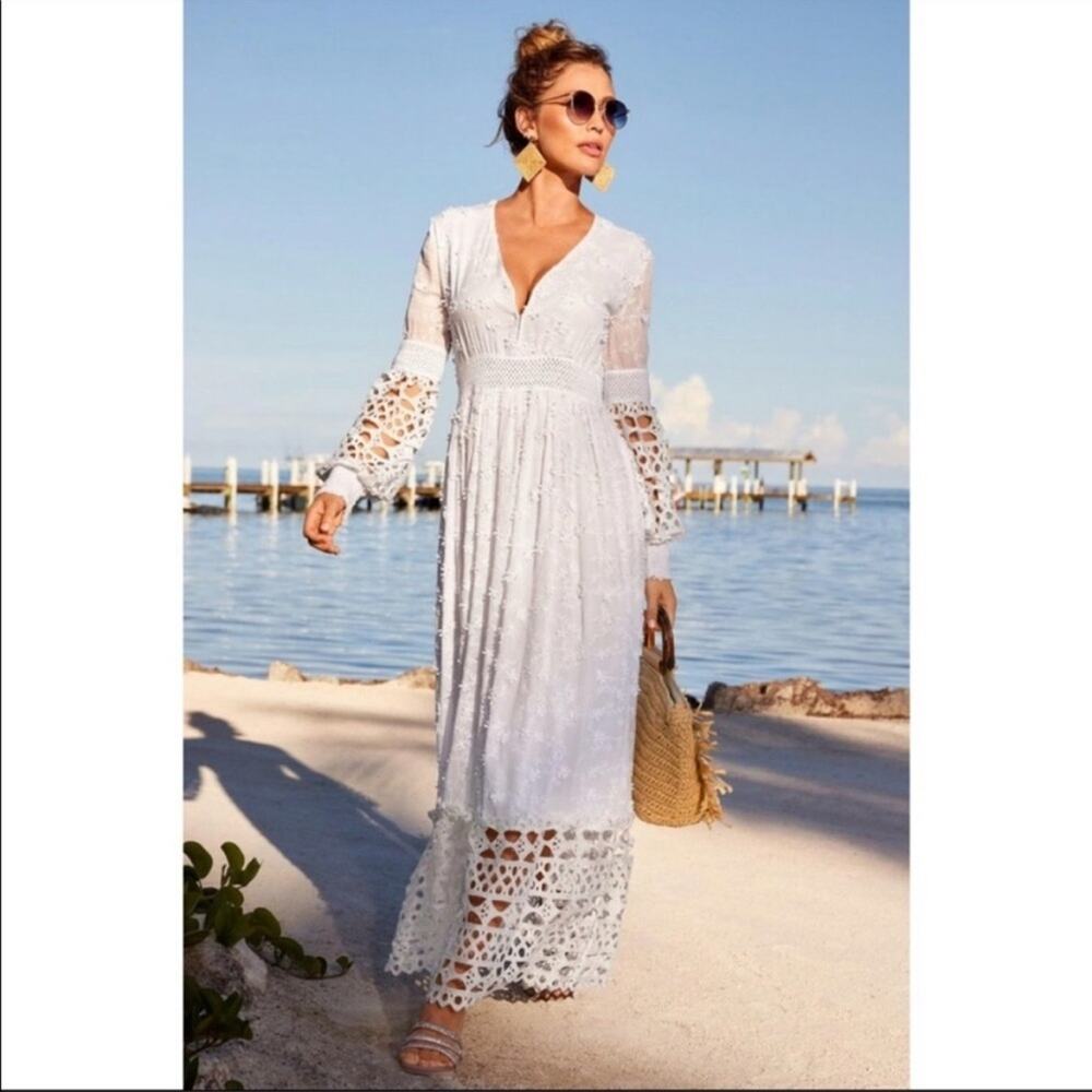 Boston Proper White Boho Chic Mixed Media Long Sleeve Maxi Dress Sz Small